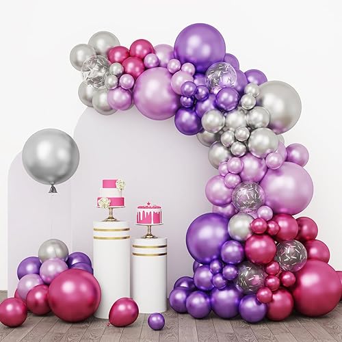 RUBFAC 110pcs Metallic Pink Purple Balloon Garland Arch Kit, 18 12 10 5 Inch Pink Purple Red Silver Confetti Latex Party Balloons for Birthday Graduation Baby Shower Decoration