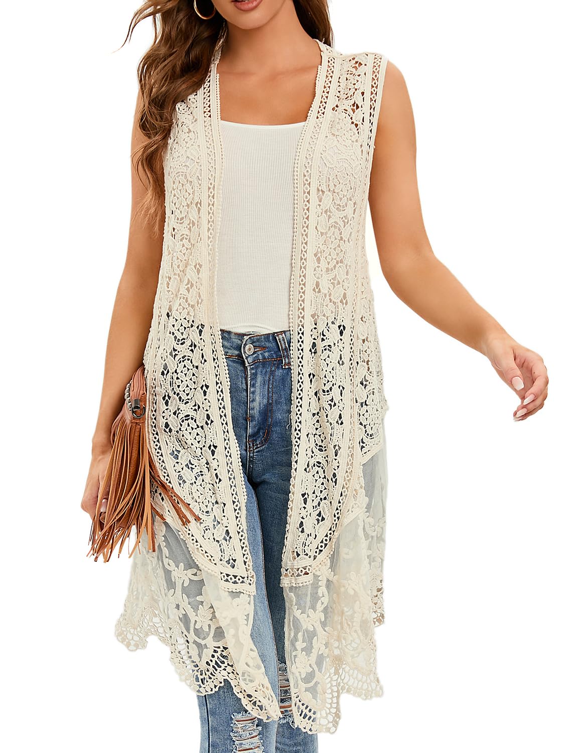 WESURE Sheer Cardigan Crochet Sleeveless Cover Up Mesh Patchwork Hippie Vest