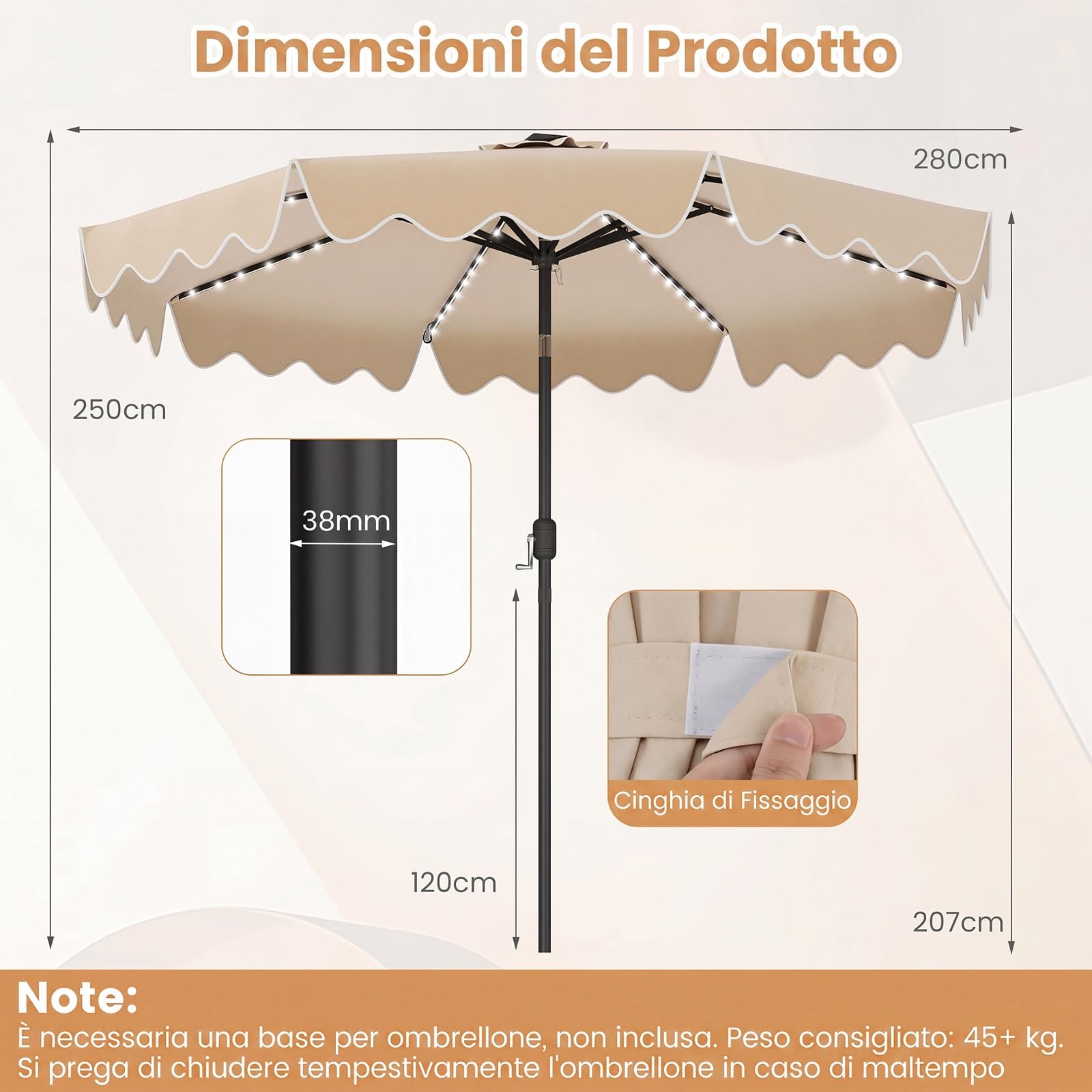 COSTWAY Ombrellone Giardino 280 cm, 104 Luci, Inclinabile 30° | 8 Stecche in Metallo, Anti- UV, Parte Superiore Ventilata e Manovella, per Balcone Terrazzo Piscina