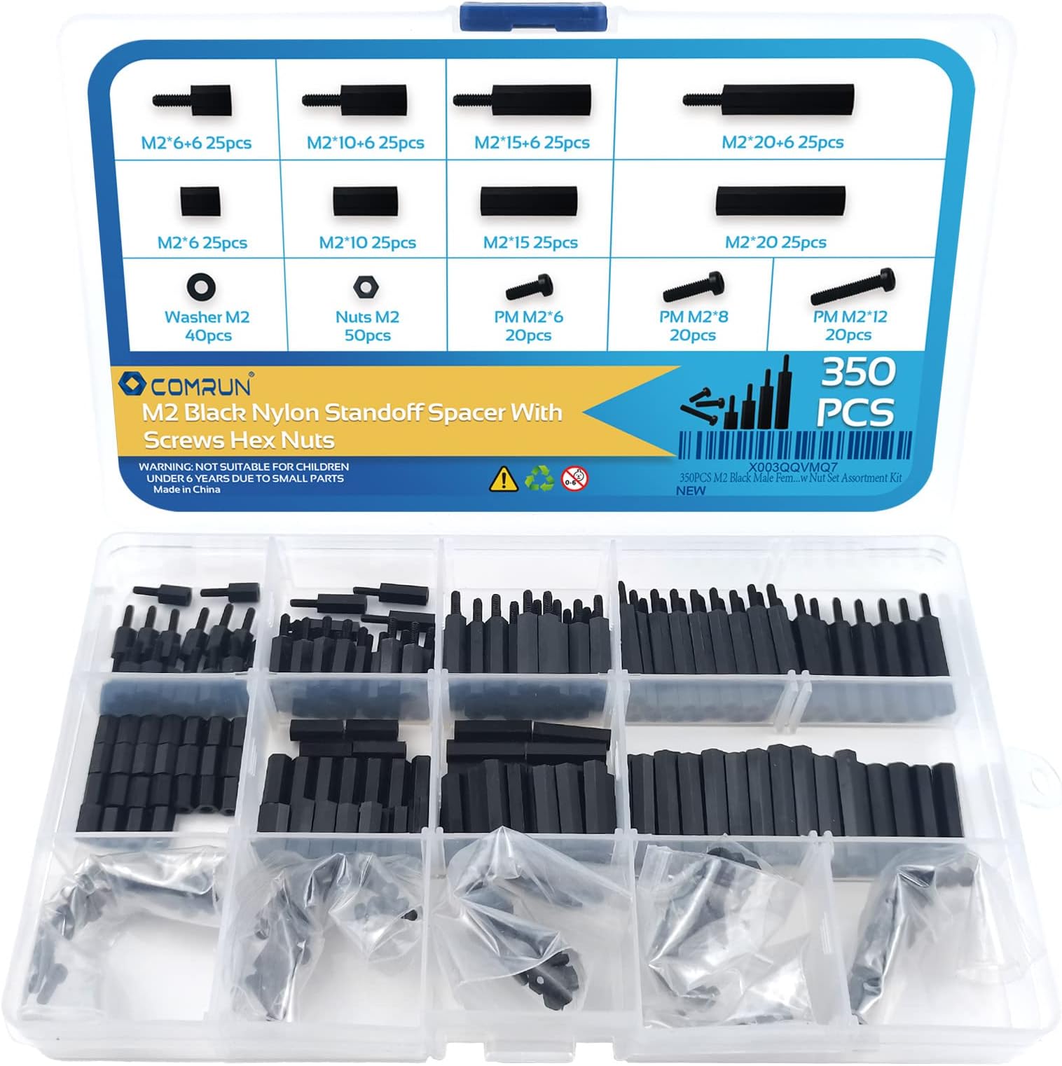 350PCS M2 Black Male Female Nylon Hex Spacer Standoff Screw Nut Set Assortment Kit (Black) for PCB Motherboard Circuit Board