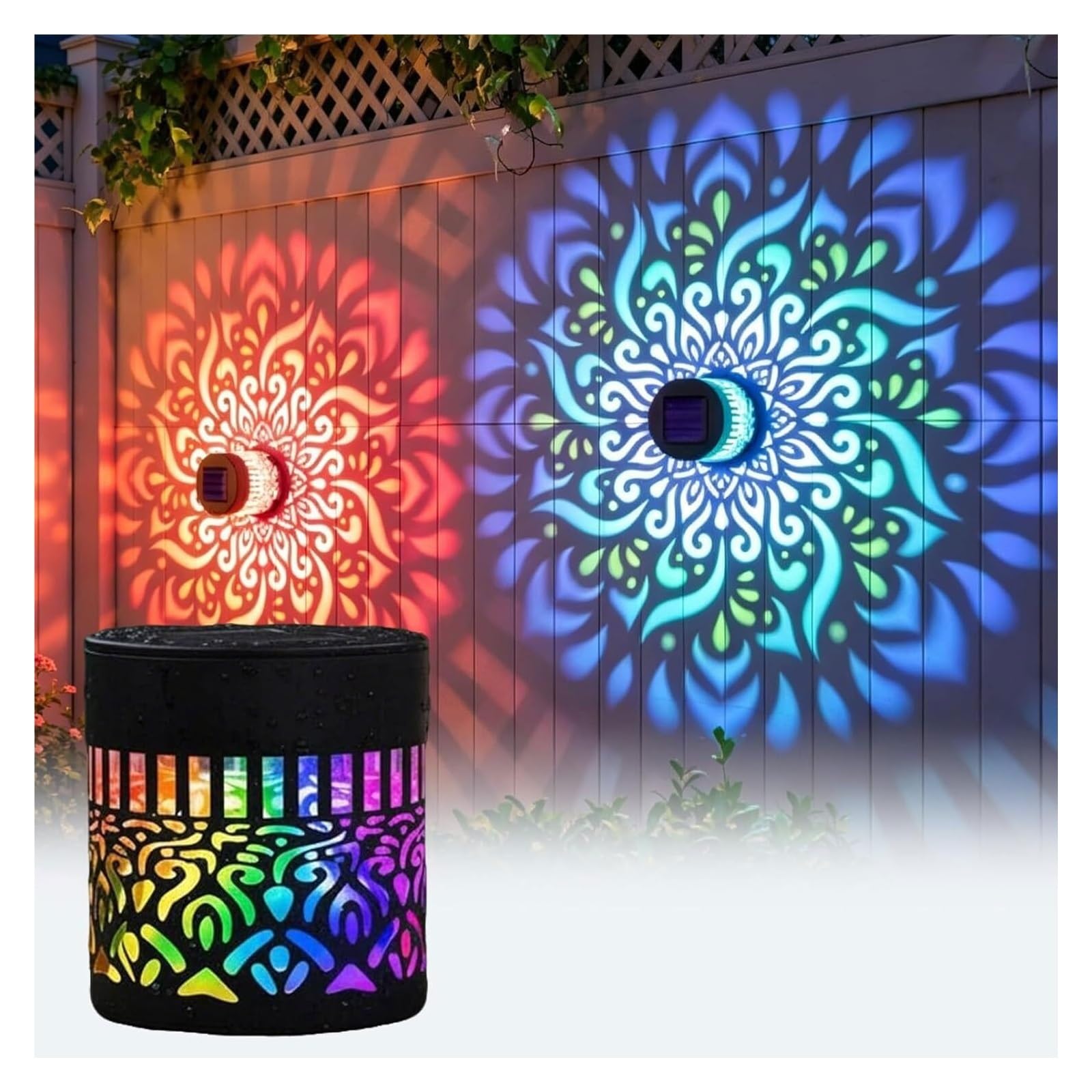 Solar Mandala Lights Outdoor Wall,Seven-Color Changing Mandala Projector Light, Outdoor Waterproof Metal Fence Lights for Garden Post Patio Backyard Yard Decor(1PC Colorful)