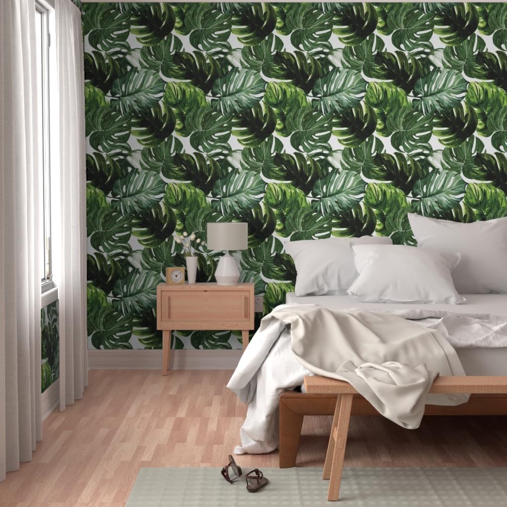 Peel & Stick Wallpaper 3ft x 2ft - Large Scale Monstera Leaves Tropical Rainforest Jungle Green Leaf Custom Removable Wallpaper by Spoonflower