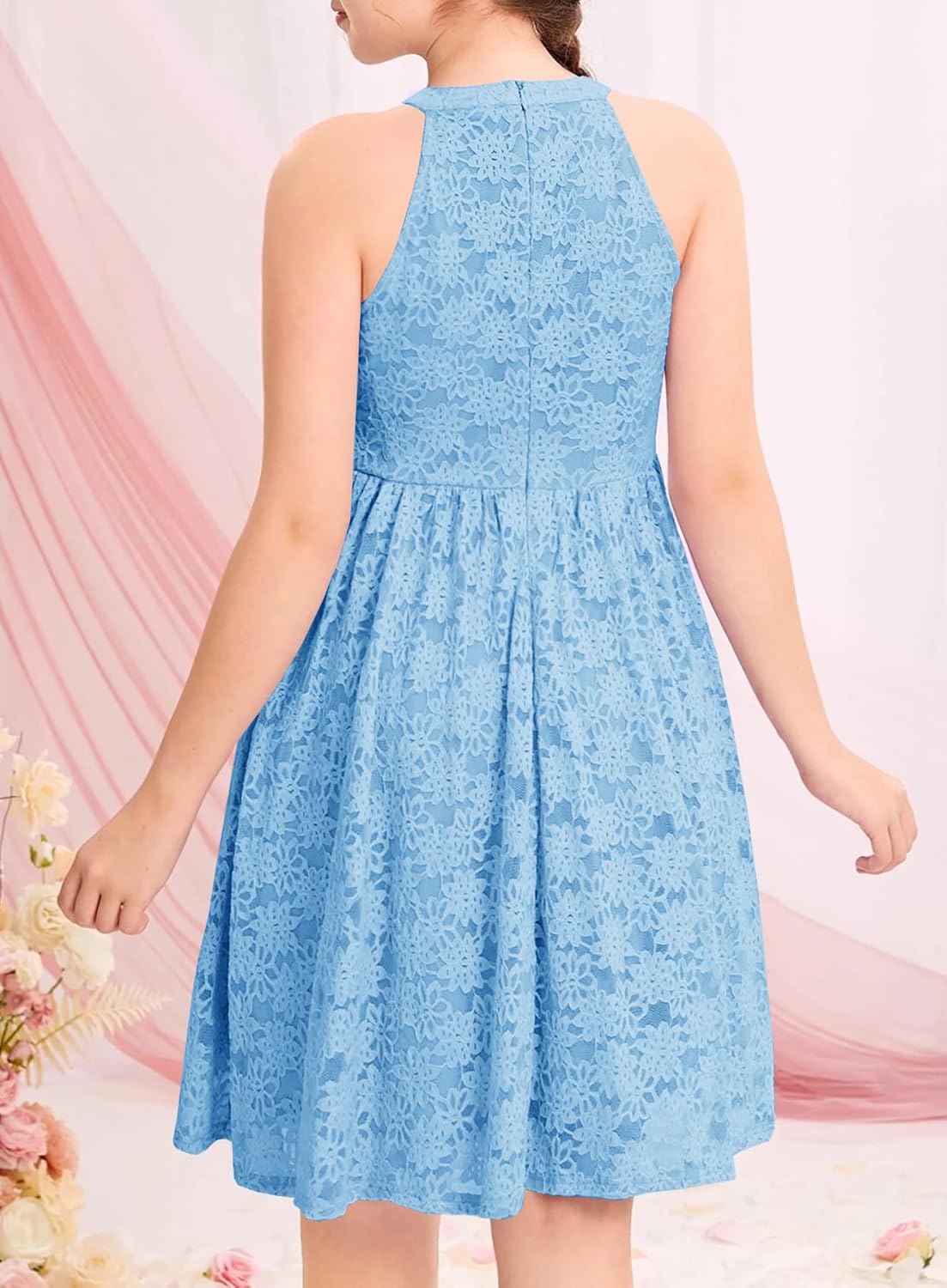 HOSIKA Girls Halter Neck Sleeveless Elegant Floral Lace A-line Flared Swing Party Dress for 6-12 Years Kid - Image 5