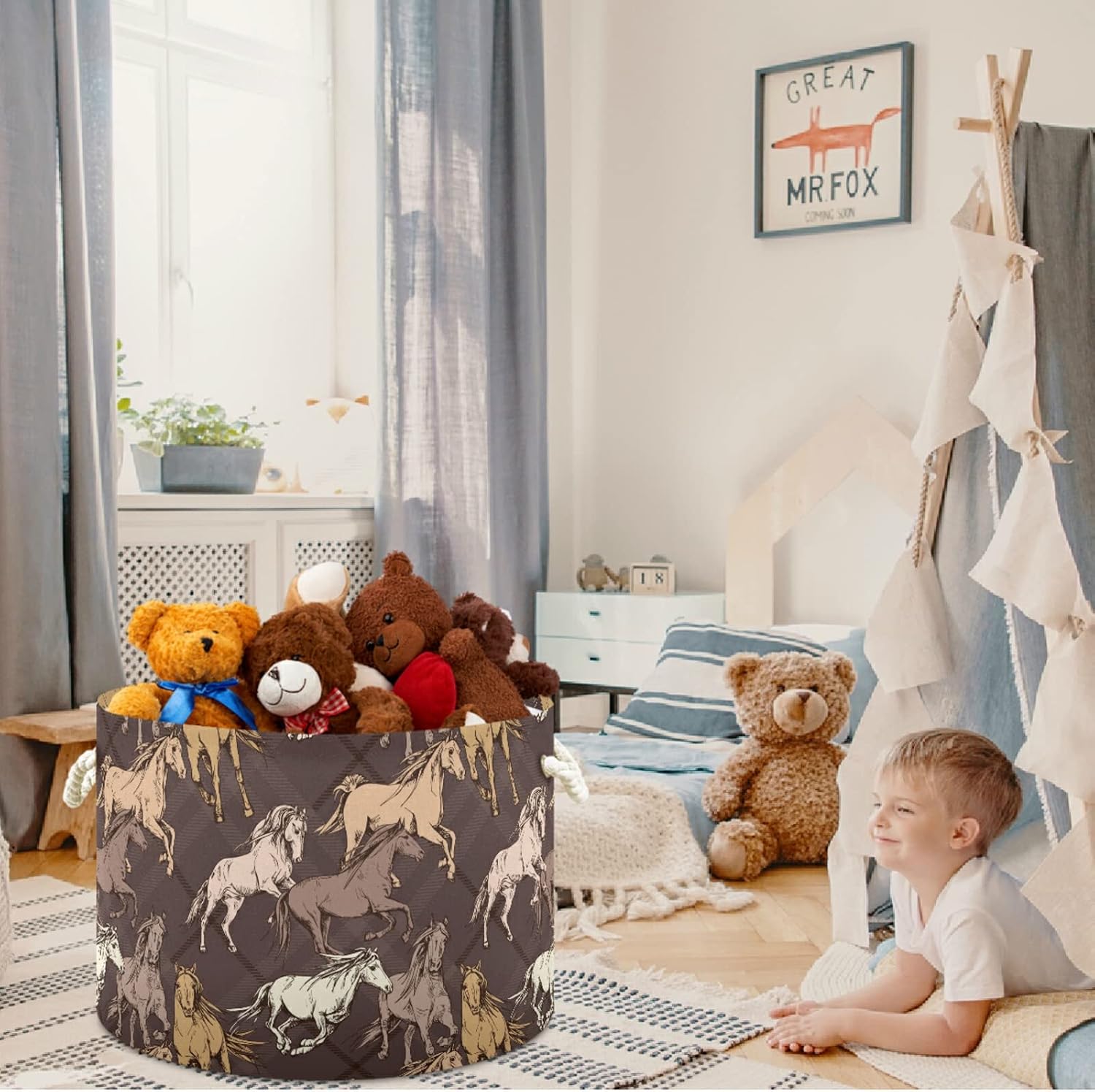 visesunny Horse Brown Pattern Laundry Baskets Fabric Storage Bin Storage Box Collapsible Storage Basket Toy Clothes Shelves Basket for Bathroom,Bedroom,Nursery,Closet,Office
