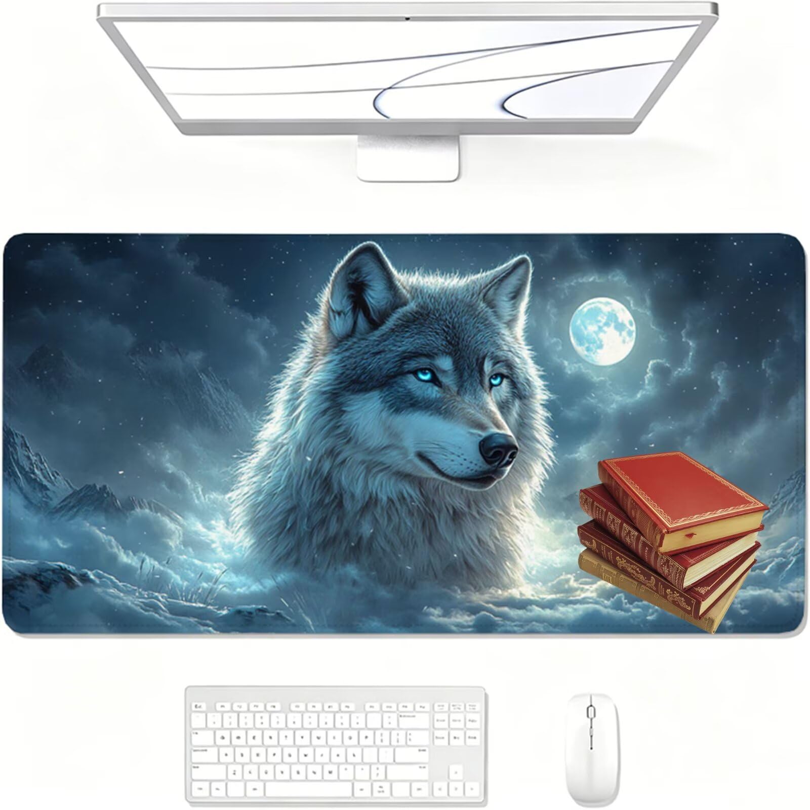 Tapis de Souris Gaming XXL,800x400x3mm Tapis de Souris Blanc,Grand Tapis de Bureau sous Main avec Surface Spéciale Améliore Vitesse et Précision,Imperméable Mouse Pad Loup pour Jeux,Bureau XF-847