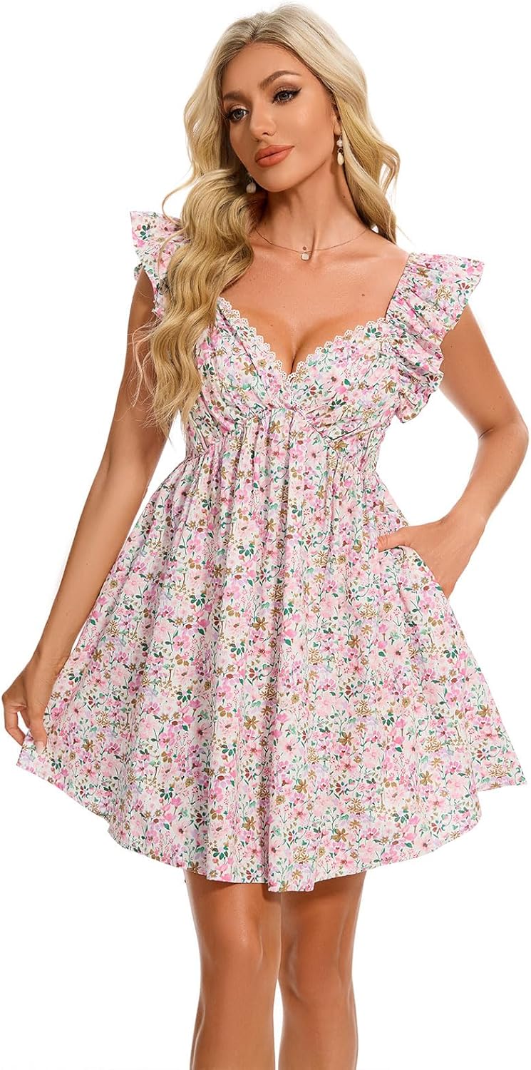 hibshaby Women's Floral Mini Dress V Neck Puff Sleeve Dress Short Babydoll Dress Sun Dress - Image 4