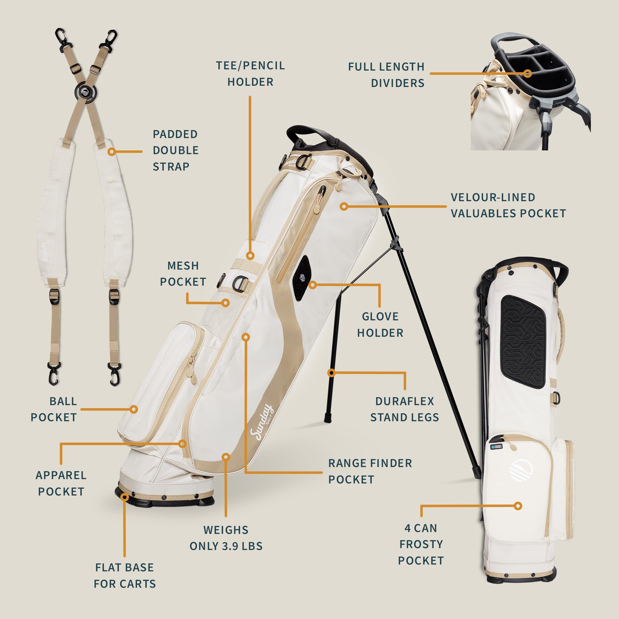 Sunday Golf EL Camino Tasche – Leichte Tasche mit Gurt und Ständer – Einfach zu tragen – Par 3 und Standardkurse, 3,9 Pfund