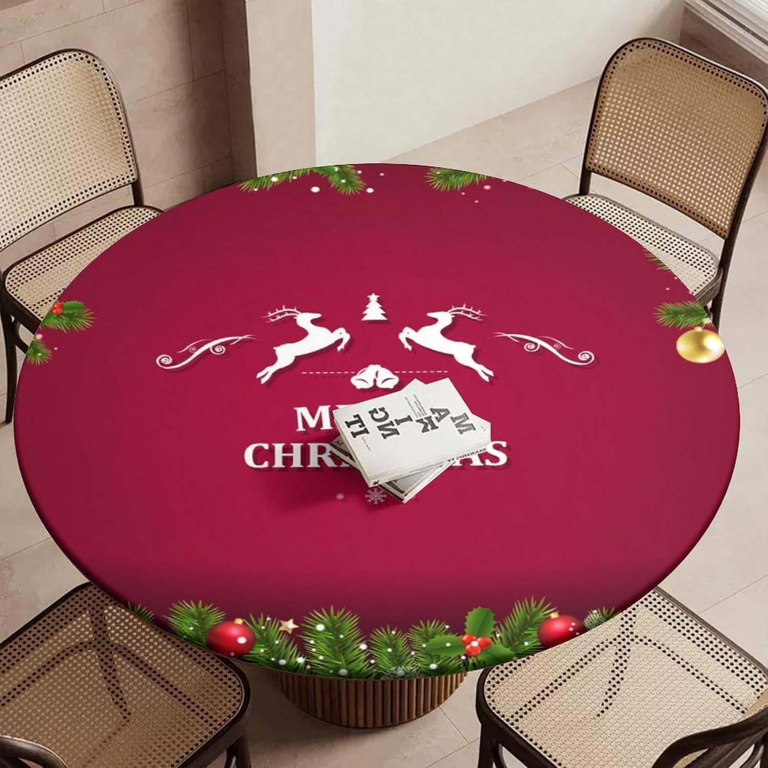 Nappe ronde avec bords élastiques lavable et anti-glisse pour table de Noël