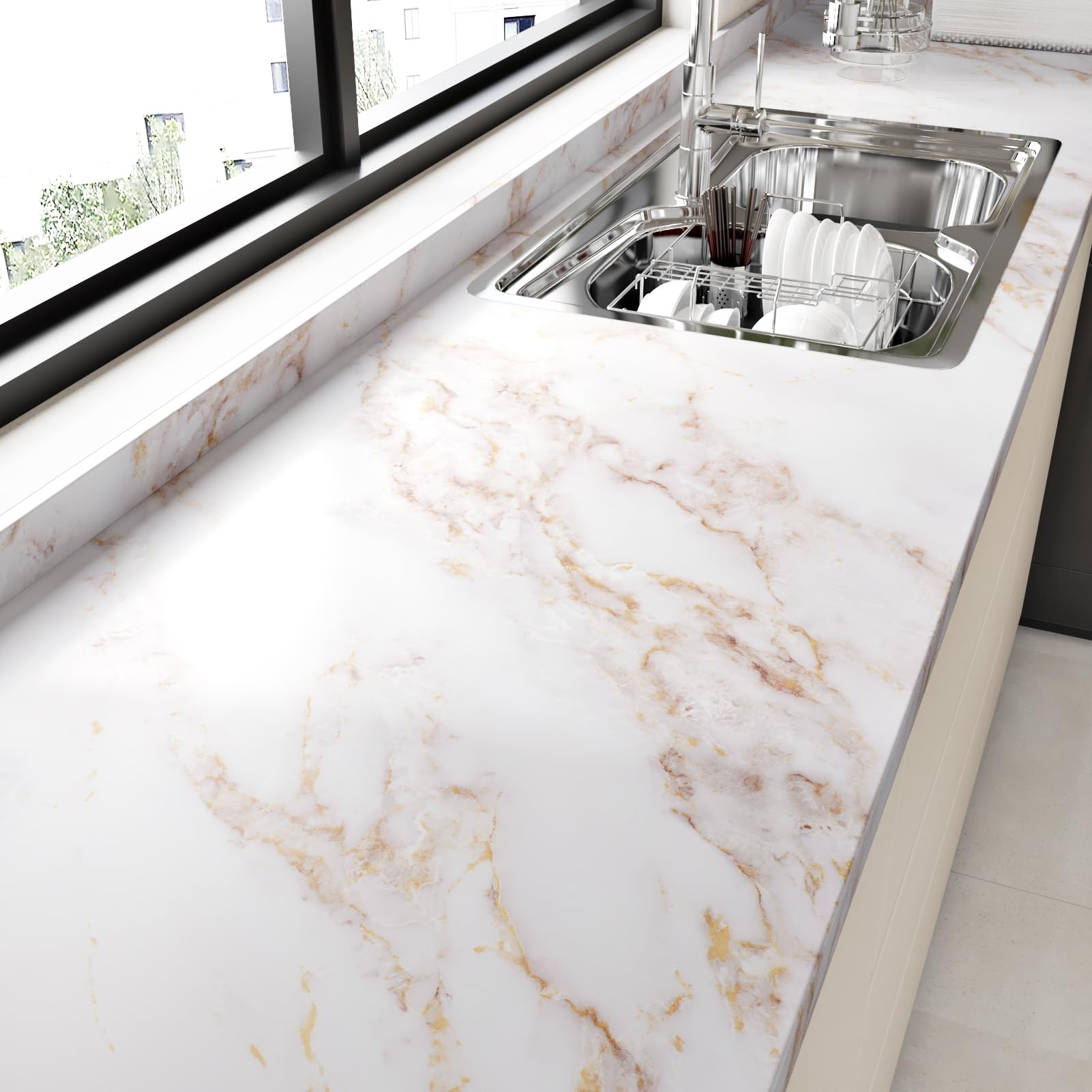 Wallercity White/Gold Marble Contact Paper for Countertops Vinyl Waterproof Peel and Stick Countertops Contact Paper Self Adhesive Removable Matte