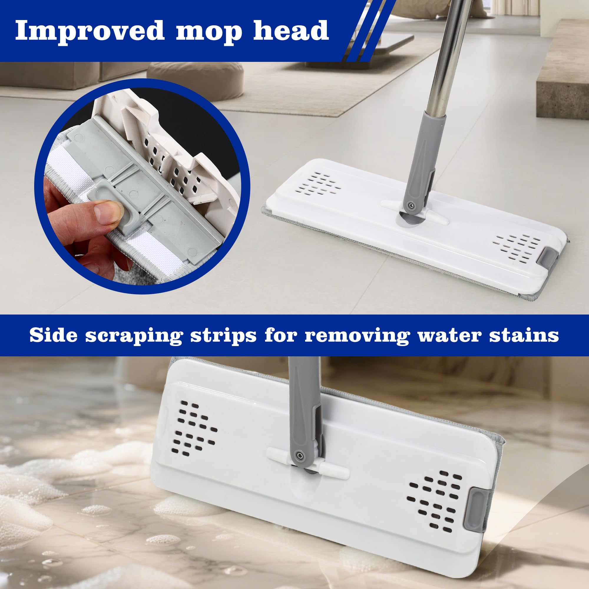 JOYMOOP Set mocio e secchio con strizzatore, mocio piatto per la pulizia dei pavimenti, mocio da parete con manico lungo, mocio per pavimenti in legno duro con 4 panni in microfibra