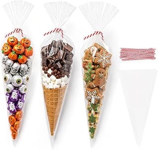 EKAPACKAGING 100Pcs 7x15 Inches Clear Cone Shaped Treat Cellophane Bags Twist Tie Triangle Christmas Party Favor Cotton Candy Bags With Ties For Popcorn, Chocolates, Ice Cream Cone