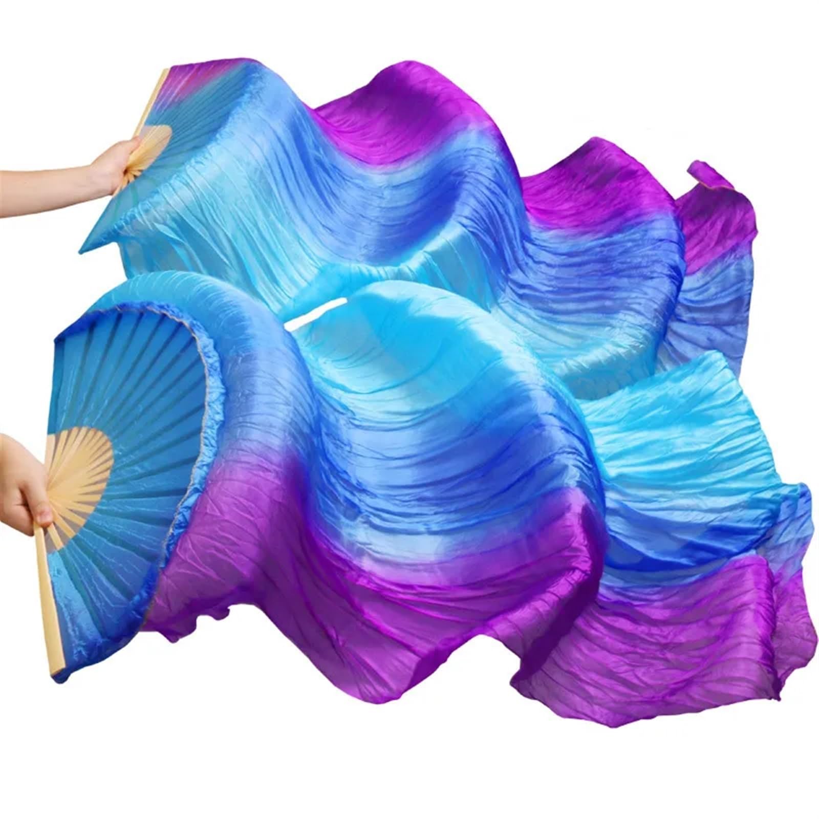Eventail de Danse Orientale Éventail de Danse du Ventre en Soie véritable, Long éventail en Soie, Fait à la Main, Couleur dégradée Soie Fan Veil Danse(16,2XL-250x90Real Silk)