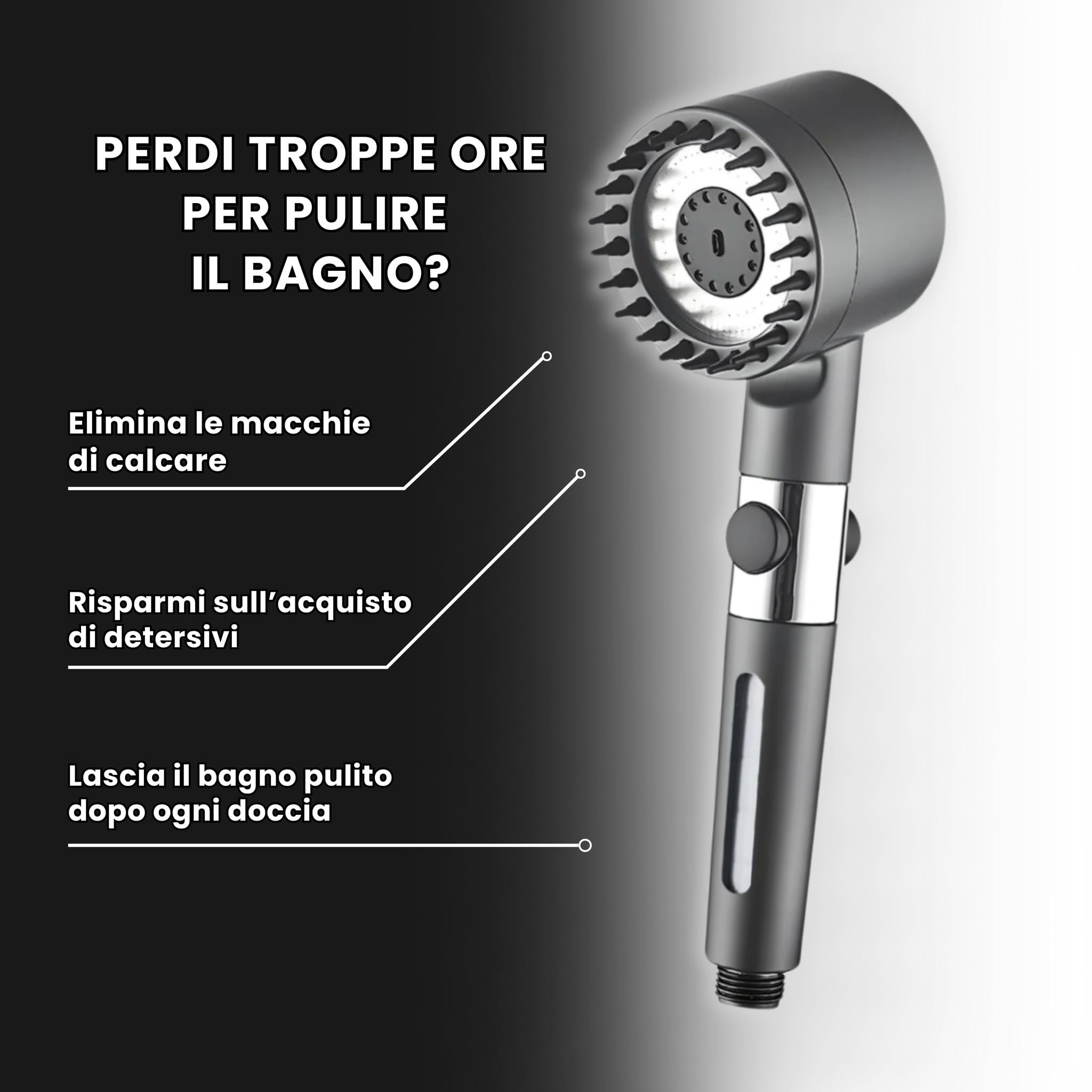Pulifer | Doccino filtrante ad alta pressione con 3 modalità + pausa, supporto americano e gunmetal, tubo inox 1.5m, 10 filtri, risparmio idrico, getto potente per doccia confortevole