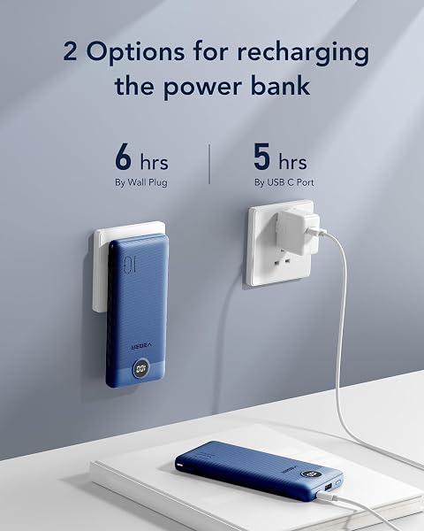 VEGER Portable Charger with Built-in AC Plug and Cables, All in One 10000mAh Ultra Slim Power Bank Travel Essentials, Fast Charging Battery Pack Compatible with iPhone, Samsung, Android (Navy) - 5