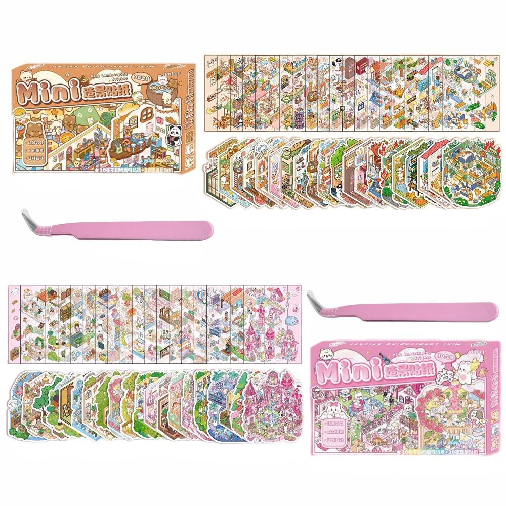 kaensc 40 Sets 3D DIY Sticker Scenes with Box-Packed with 2 Tweezers for Adults Relief Stress Pass The Time,Cartoon Fun 3D House Stickers Reusable Make Your Own Miniature Shop