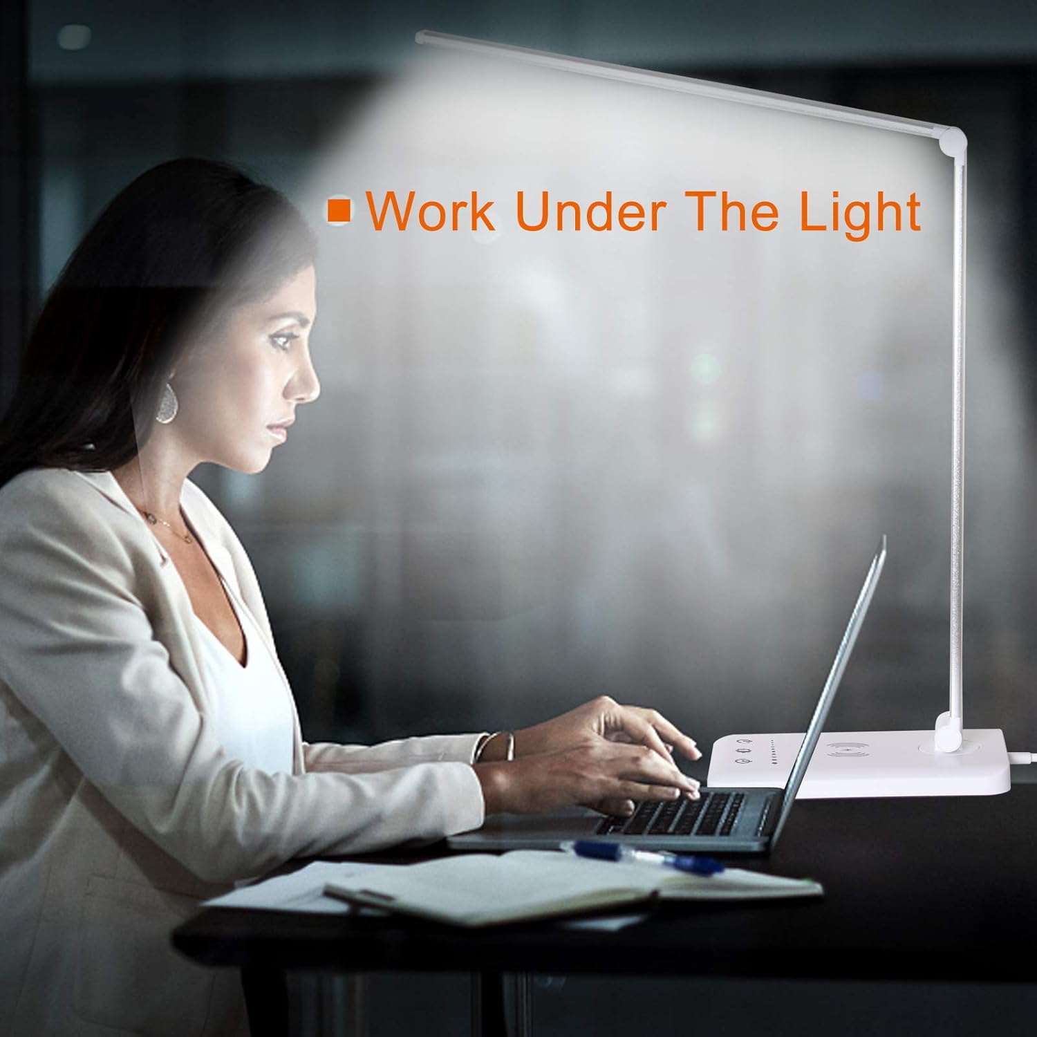 LED Desk Lamp with Wireless Charger,Eye-Caring Table Lamps,Stepless Dimmable Office Lamp with USB Charging Port,Touch/Memory/Timer Function,25 Brightness Lighting,Foldable Lamp