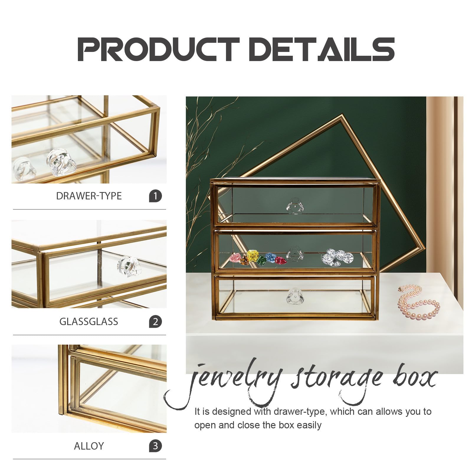 Estuche de Almacenamiento de Maquillaje Estructura de Aleación y Vidrio Diseño Transparente 3 Niveles Cajones Dorado para Joyas y Cosméticos