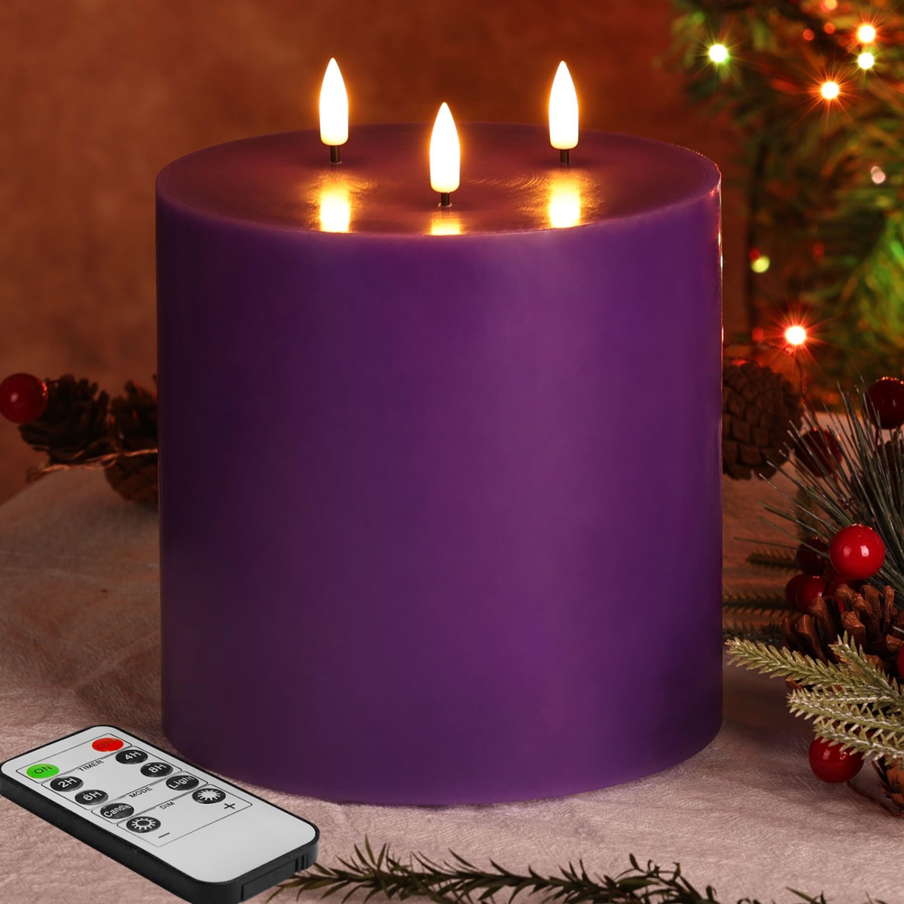 Eywamage 3 Wick Purple Large Flameless Pillar Candle with Remote 6x6 in — image 1