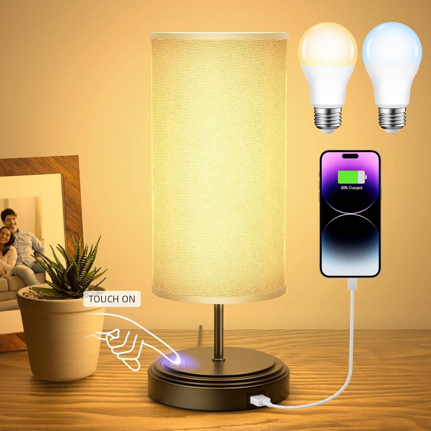 ALEXPEX Bedside Lamp with USB Port Touch Control Table Lamp for