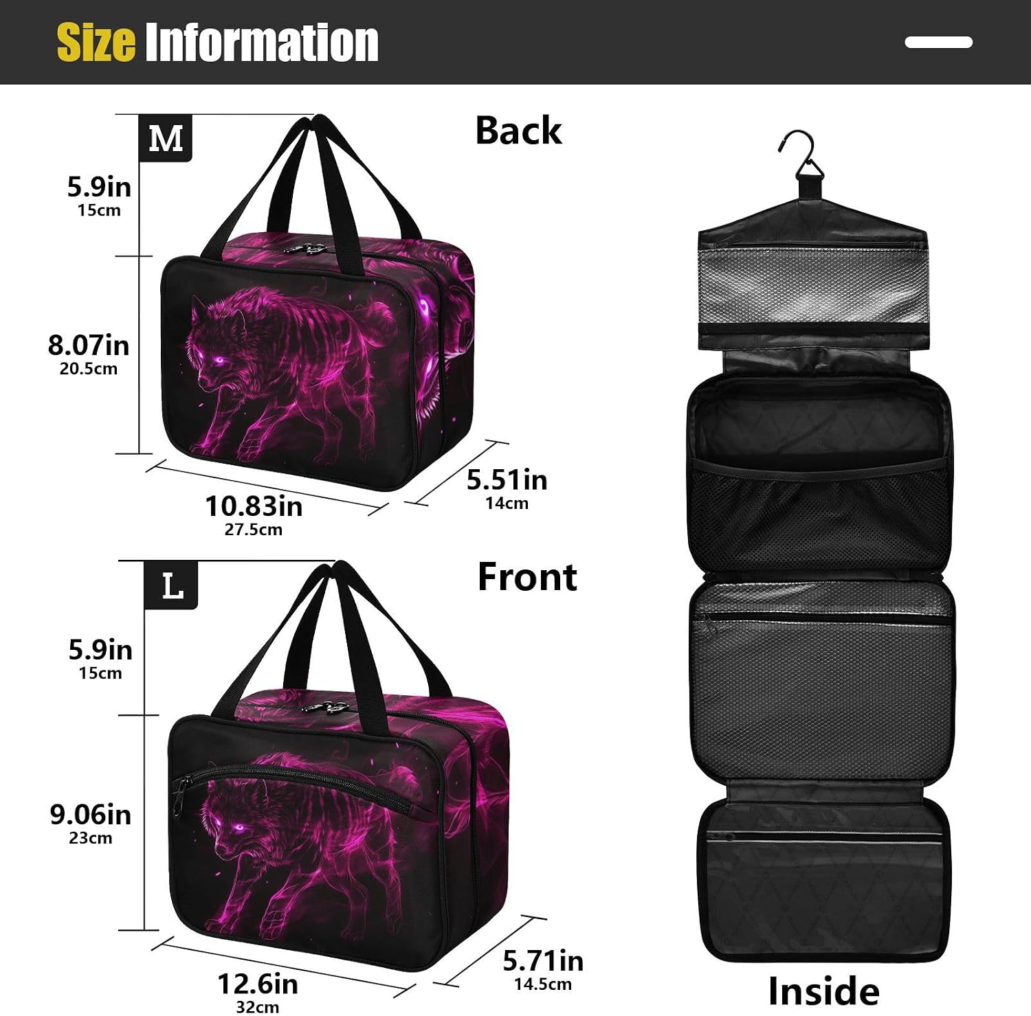 Pink Fluorescent wolf animal hanging travel size toiletries kit with hook, designer foldable bags for toiletries for mom cruises maleta para maquillaje L