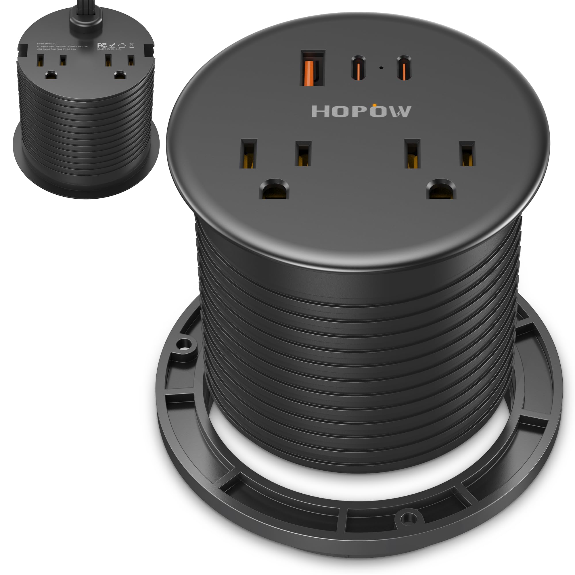 Recessed Power Strip with 4 AC Outlets 3 USB Ports (2USB C), Dual-Sided Desk Power Grommet Flush Mount Outlet Charging Station for Desktop, Conference