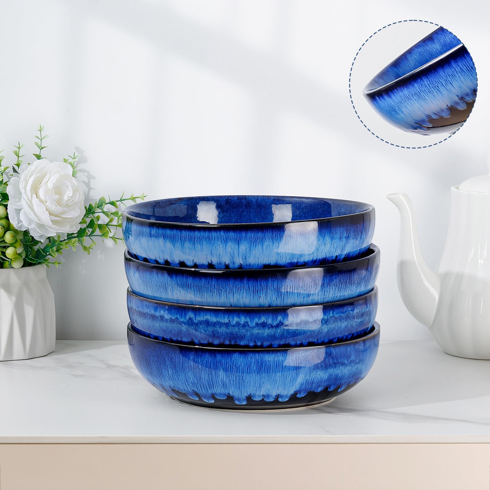 NUTRIUPS Φ 21,5 cm Cuenco de cerámica para servir platos hondos de 1,2 L, juego de 4 unidades, ensaladera de porcelana premium, color azul oscuro
