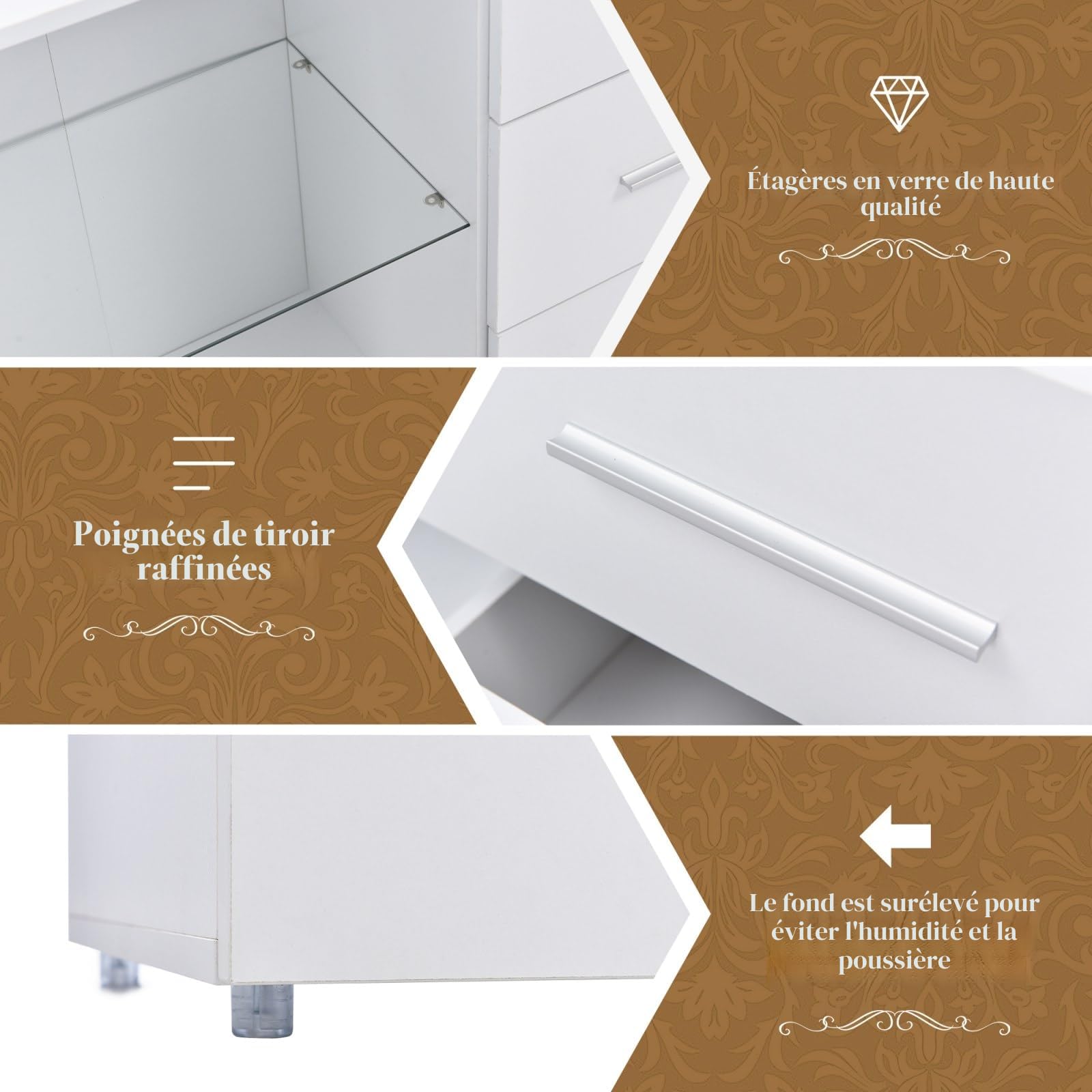 KOMHTOM Buffet Lumineux à LED, Meuble TV Moderne Blanc, Armoire de Rangement avec 3 tiroirs et 2 Portes, Commode pour Salon, Chambre à Coucher, Couloir et Salle à Manger (H)