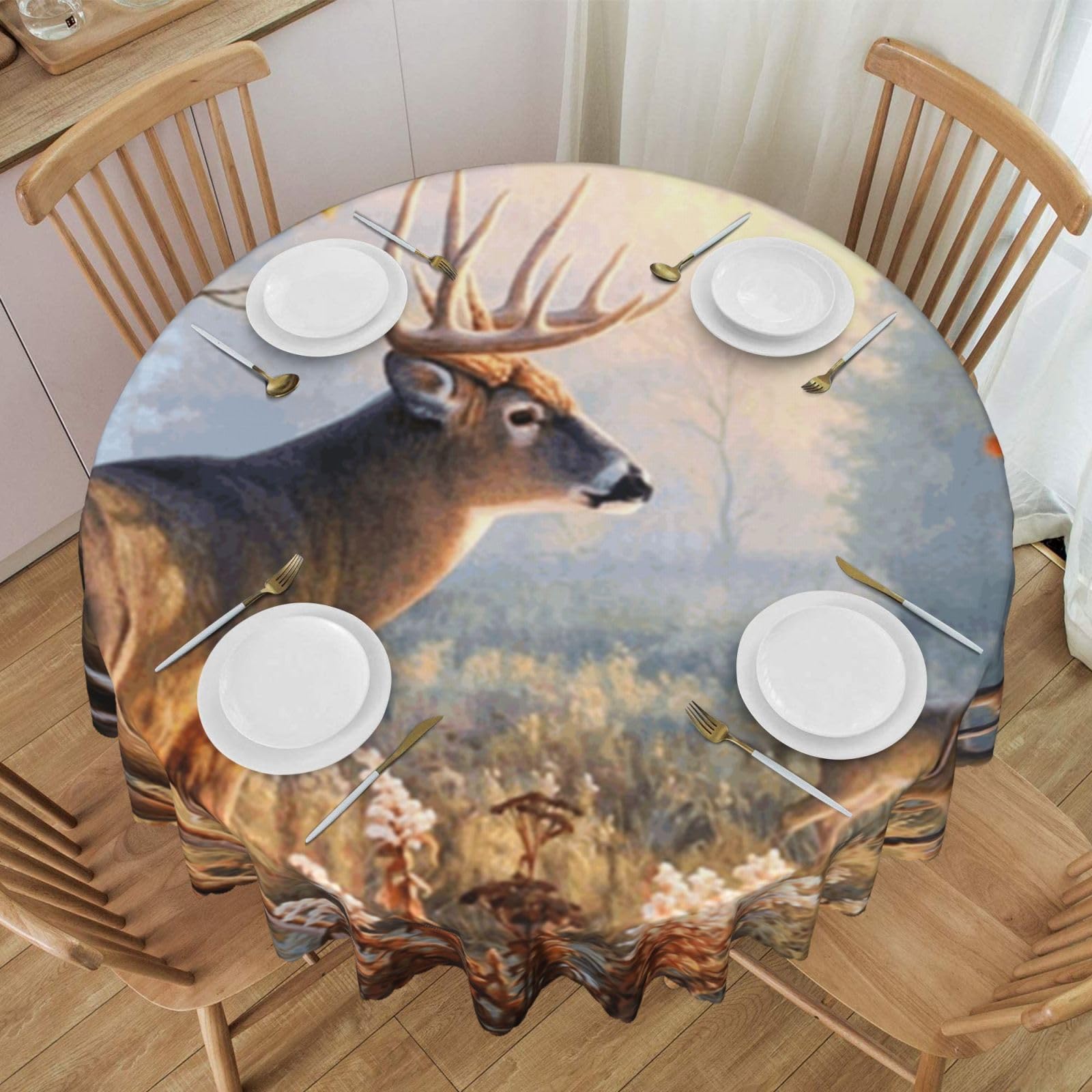DCEHGEW 60 In Round Tablecloth with Lace, Deer Wildlife Art Printed Oilproof & Washable Fabric Picnic Table Cloth Table Covers
