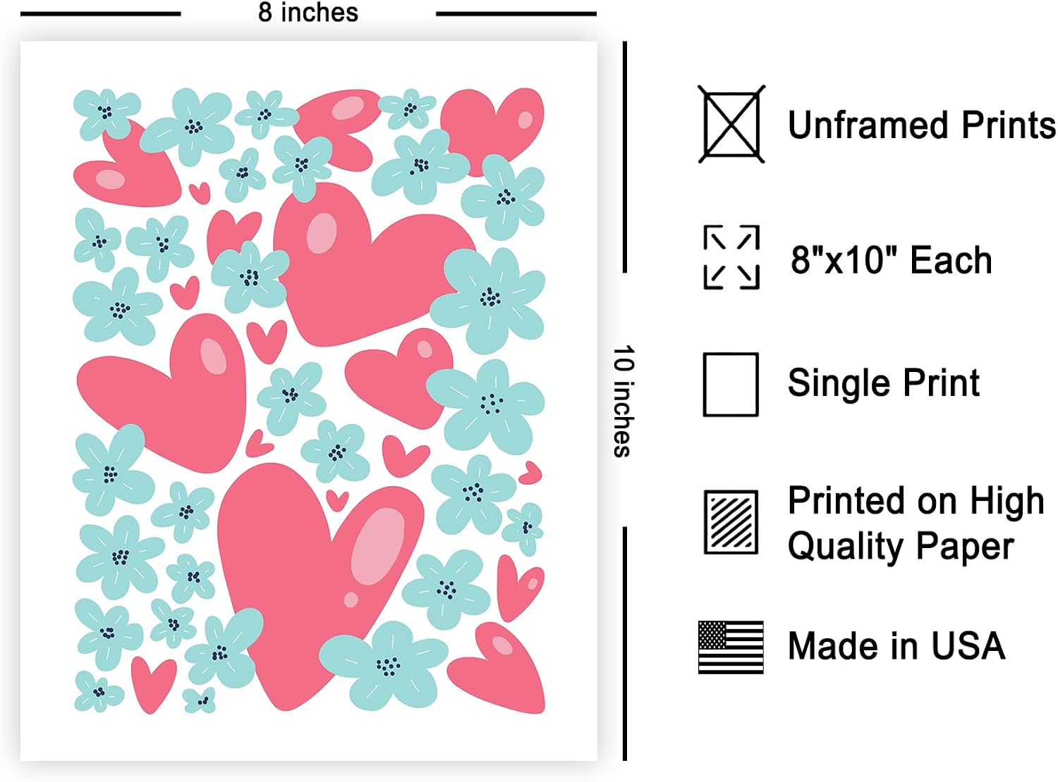 Poster Master Little Blue Flowers Poster - Retro Heart Print - Floral Art - Valentine's Day Design - Groovy Abstract Artwork - Modern Abstract Print - Romantic Living Room or Bedroom Decor - 8x10 UNFRAMED