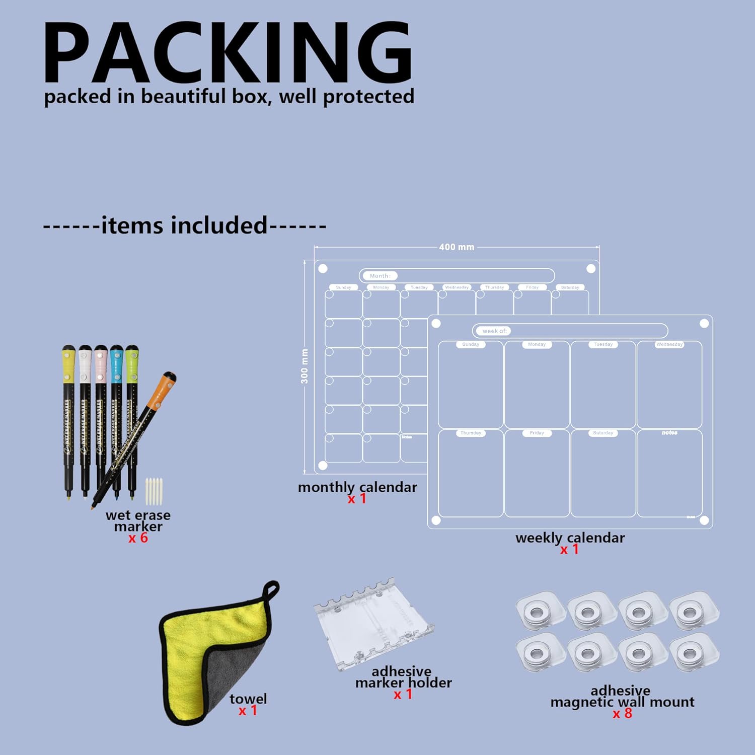 MAG-FANCY Acrylic Magnetic Calendar for Fridge, Set of 2 Dry Erase Calendar Reusable Planning Boards Monthly & Weekly, with 6 Light Colored Wet Erase Markers & Adhesive Mount for Wall 16" x 12" inches