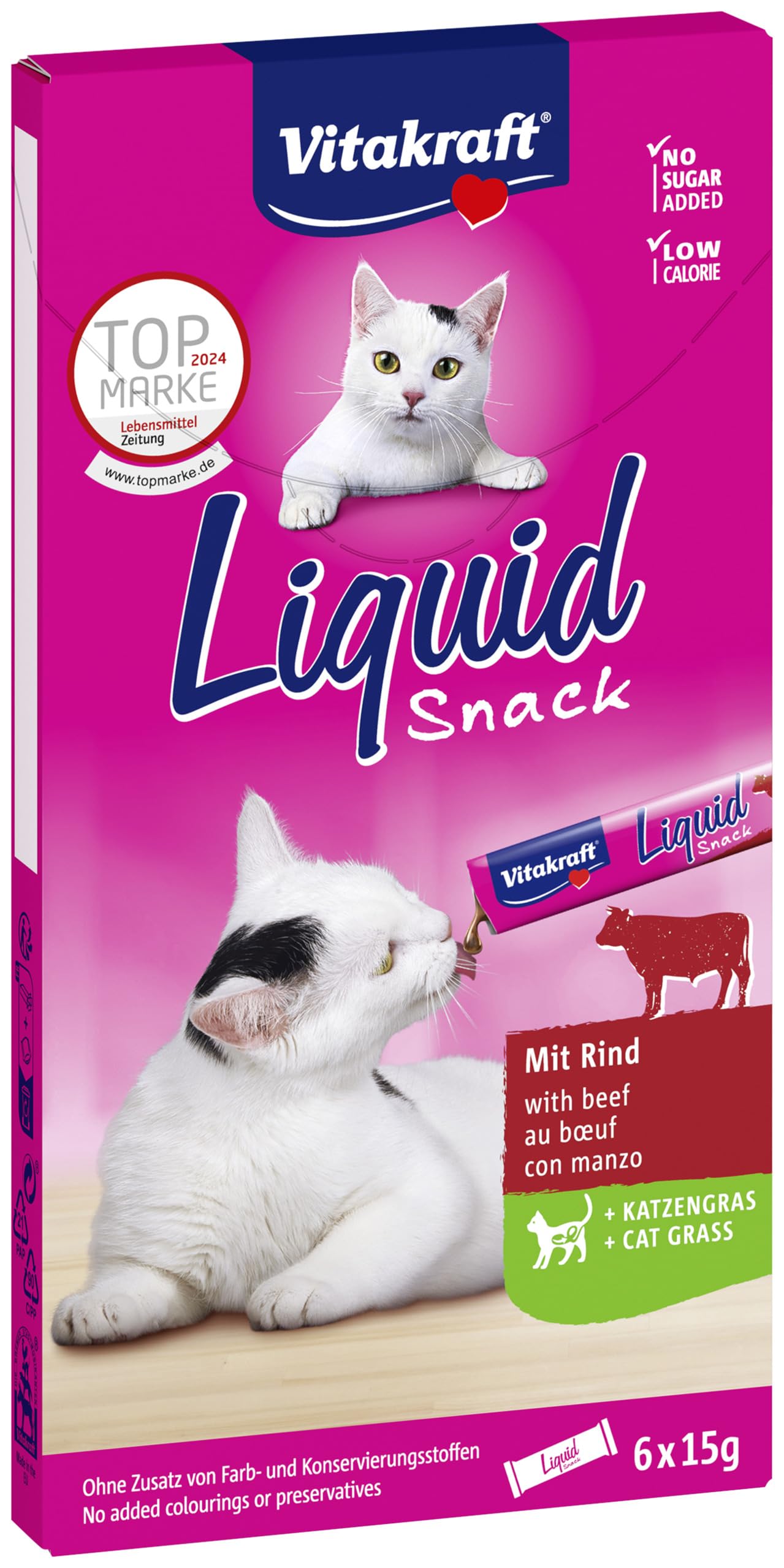 Vitakraft Liquid Snack, Katzen Leckerli, Katzensnack cremig, mit Rind und Katzengras, in einzelnen Sachets, für eine gesunde Darmflora (1 Paket mit 6x 15g)