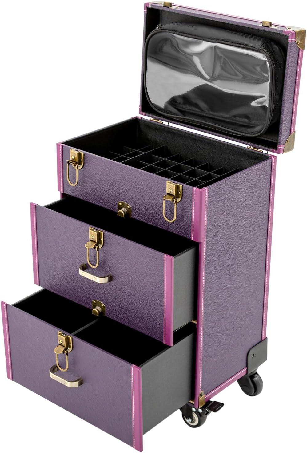 Rolling Makeup Case, Lockable Purple Cosmetic Train Case with Large Capacity Storage, Mobile Trolley Organizer Universal Wheels for Professional Salon, Nail Technician, Traveling (Purple+Bronze)