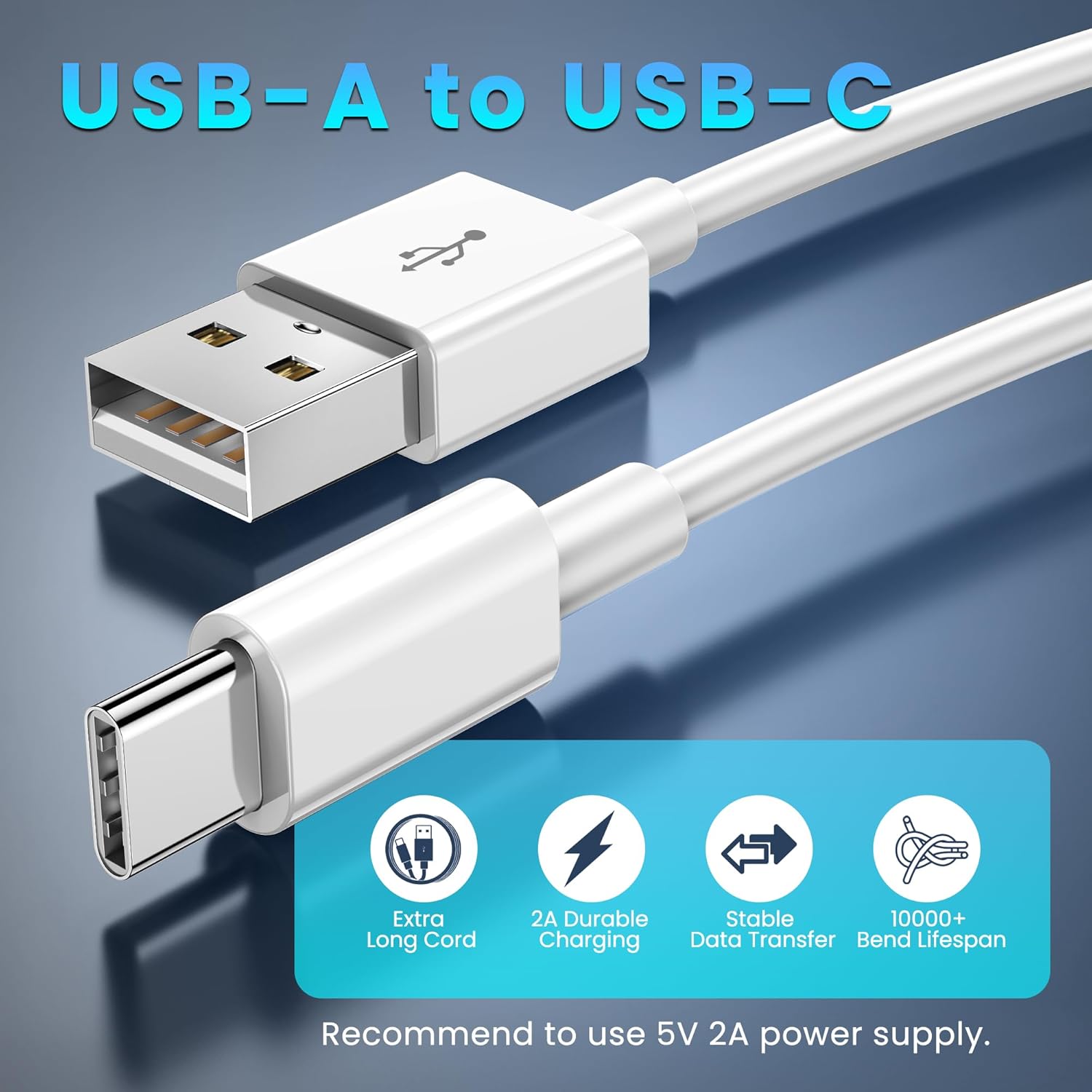 2PCS 16.4FT/5M USB A to USB C Flexible Long Cable, 5V 2A 10W Type C Durable Charging and Stable Data Transfer Cable for Home Security Cameras, Smartphones, Tablets and More (White)