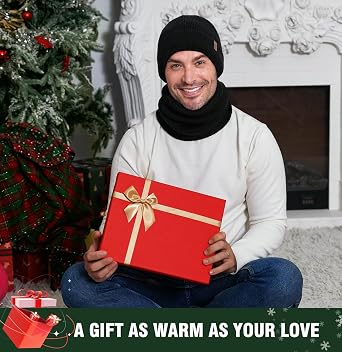 Wmcaps Winter Hat and Scarf Gift Set for Men, Windproof Fleece Lined Beanie & Neck Warmer for Cold Weather