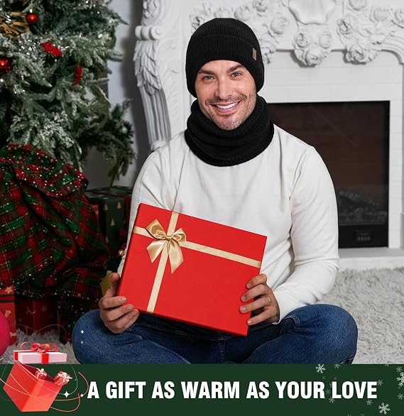 Wmcaps Winter Hat and Scarf Gift Set for Men, Windproof Fleece Lined Beanie & Neck Warmer for Cold Weather