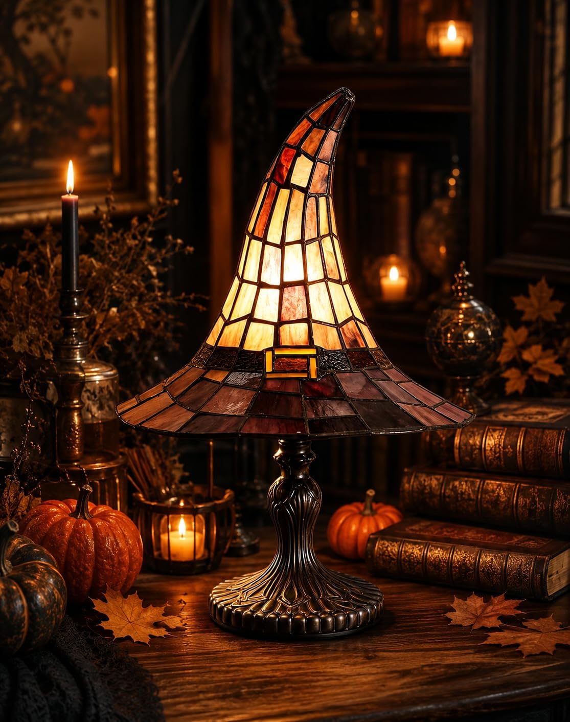 EREYTJ Witch Hat Lamp, Stained Witch Hat Lamp, Halloween Table Lamp with Warm Glow, Gothic Witch Decor Night Light for Bedroom, Mantel, Bookshelf, Entryway, Halloween Party and Witchy Room Décor