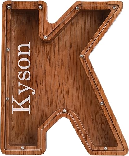 Alcancía de madera personalizada con nombre grabado láser, 1.8 pulgadas de grosor, letras del alfabeto, banco de monedas, caja de dinero, iniciales,
