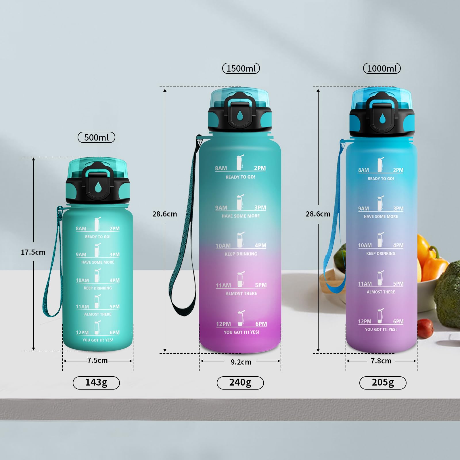 Borraccia 500ml, Bottiglia con Cannuccia, Bottiglia a Prova di Perdite, Bottiglia Plastica Riutilizzabile, Borraccia Sportiva con Indicatore del Tempo Motivazionale, Borracce per Scuola, Bambini