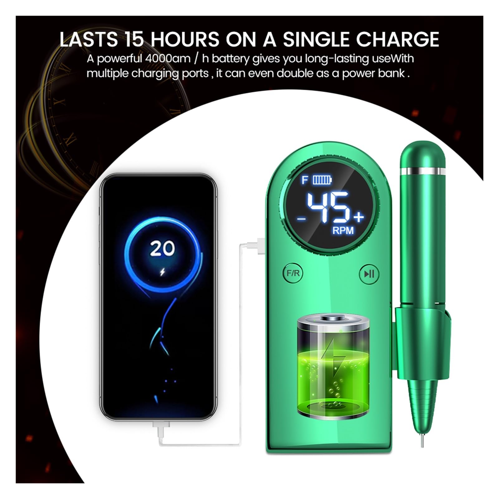 Machine à Ongles, Perceuse à ongles électrique professionnelle, perceuse rechargeable portable 45000 tr/min for en gel acrylique, outil de polissage manucure(MS901 Green2)