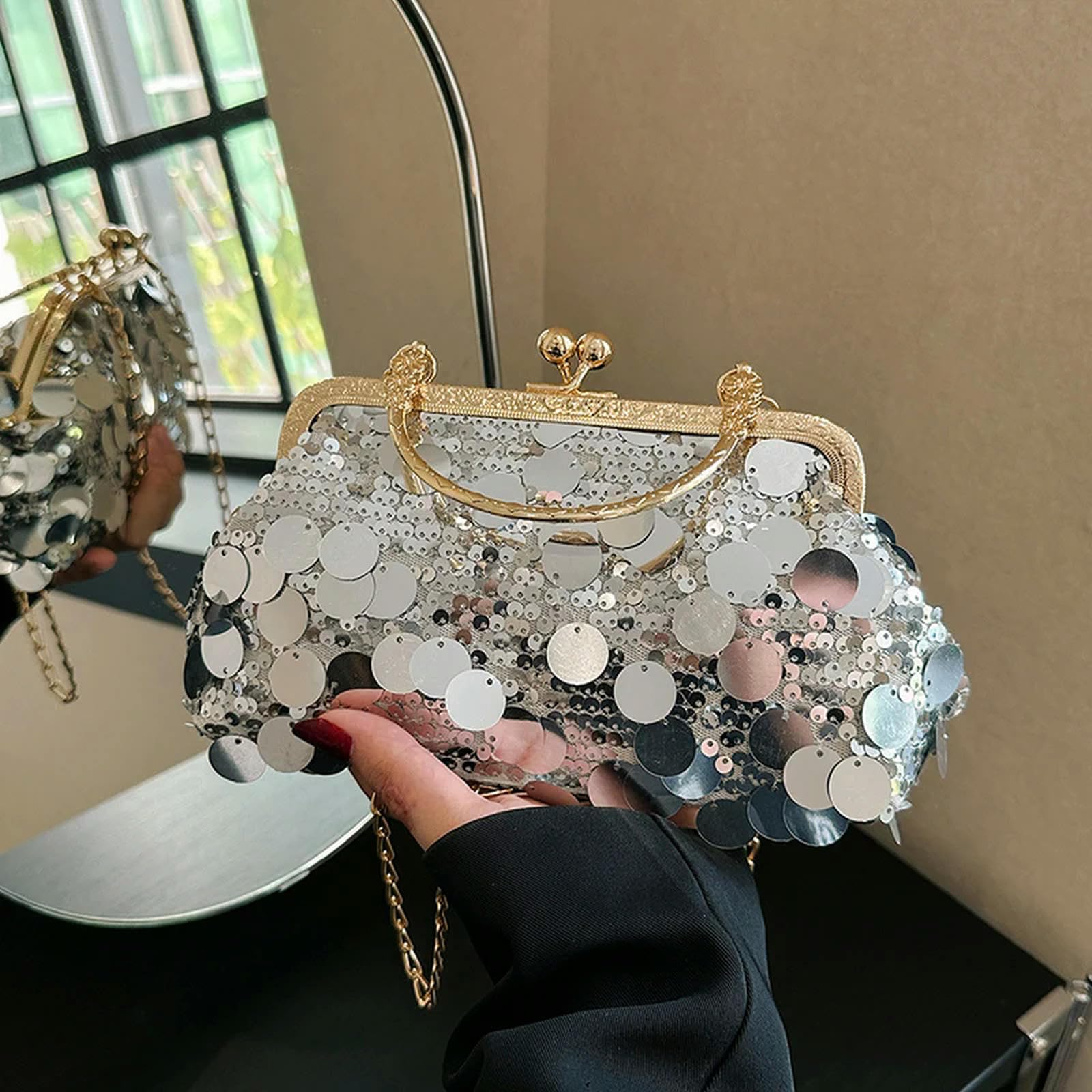 Clutch-Tasche Frauenabendkupplung Hochzeit Gold Pailletten Kupplung Kettenumhängende Umhängetasche Kleine Party -Tasche Tasche-silber-23 cm 6 cm 13 cm