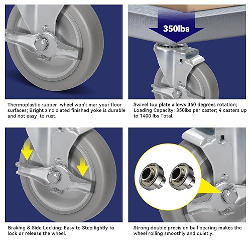 Miniatura 91 de Ruedas giratorias de 3.5 pulgadas, ruedas giratorias resistentes con freno, capacidad de carga de 1000 libras en total (2 frenos y 2 giratorios)