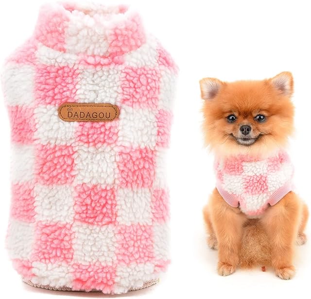 SMALLLEE_LUCKY_STORE Pet Fleece Checked Jumper Vest Turtleneck Pullover Sweaters Soft Sweatshirt for Small Dogs Cat Puppy Yorkie Chihuahua Warm Autumn Winter Clothes,Pink,S