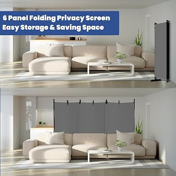 Room Divider, 6 Panel Upgraded 132 Folding Screen Highly Secretive(Grey) | Privacy Separation w/4 Metal Feet, Partition Screen Lightweight Freestanding Wall Divider Bedroom Livingroom