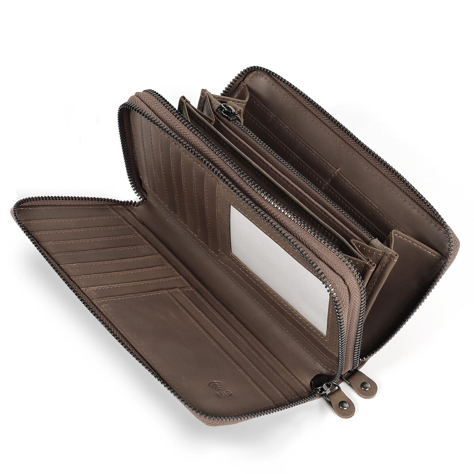 TANTOMI Geldbörse Damen Leder, Echtes Leder Portemonnaie Damen Gross, Geldbeutel mit RFID Schutz Doppelten Reißverschlüssen und vielen Fächern Portmonee, Brieftasche, Damen-Geldbörsen.
