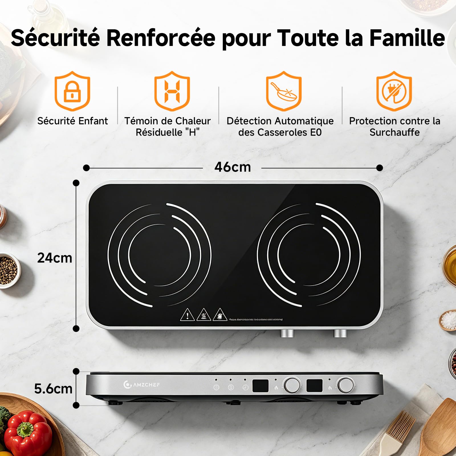 AMZCHEF 3000W Plaque à Induction 2 Feux, Plaque Induction Double Portable avec Plaque de Gril Amovible, 9 Niveaux de Puissance/Température, pour BBQ d'intérieur et Camping-car, Gris Fer