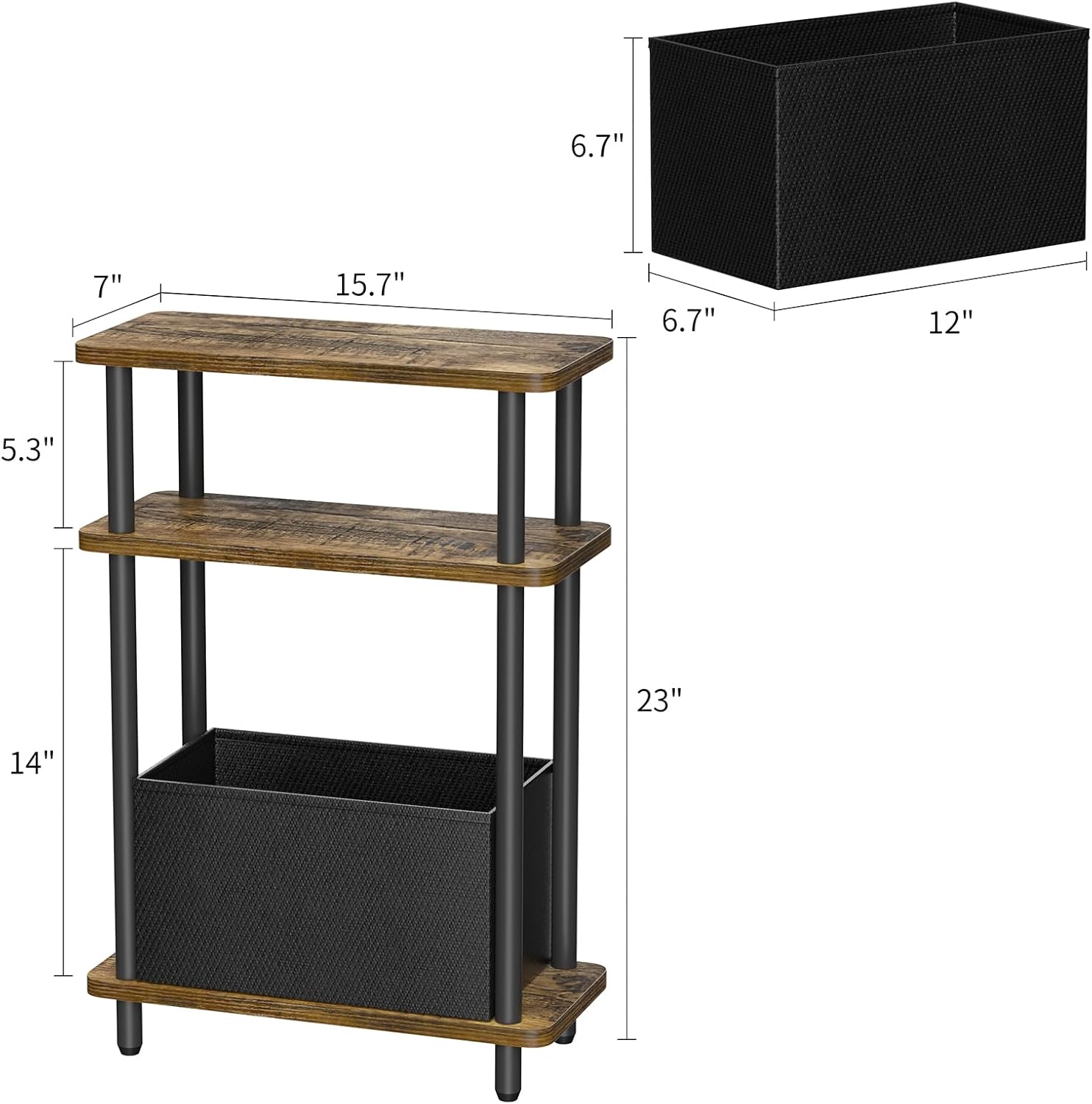 THUMEYE Narrow Side Table with Fabric Basket, 7" Wide, 3 Tier Skinny End Table with Wood Legs, Slim Nightstand/Bedside Table for Small Spaces, with Adjustable Feet, 15.7" L x 23" H