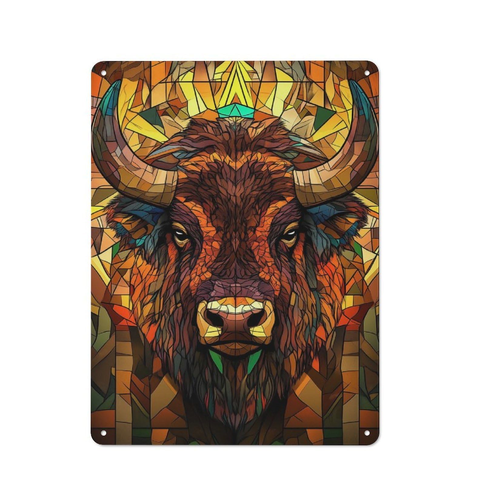 Metal Wall Sign 40x30cm Featuring Stained Glass Bison for Pub Or Café, Housewarming Wall Decor for People Furnishing Pub And Café