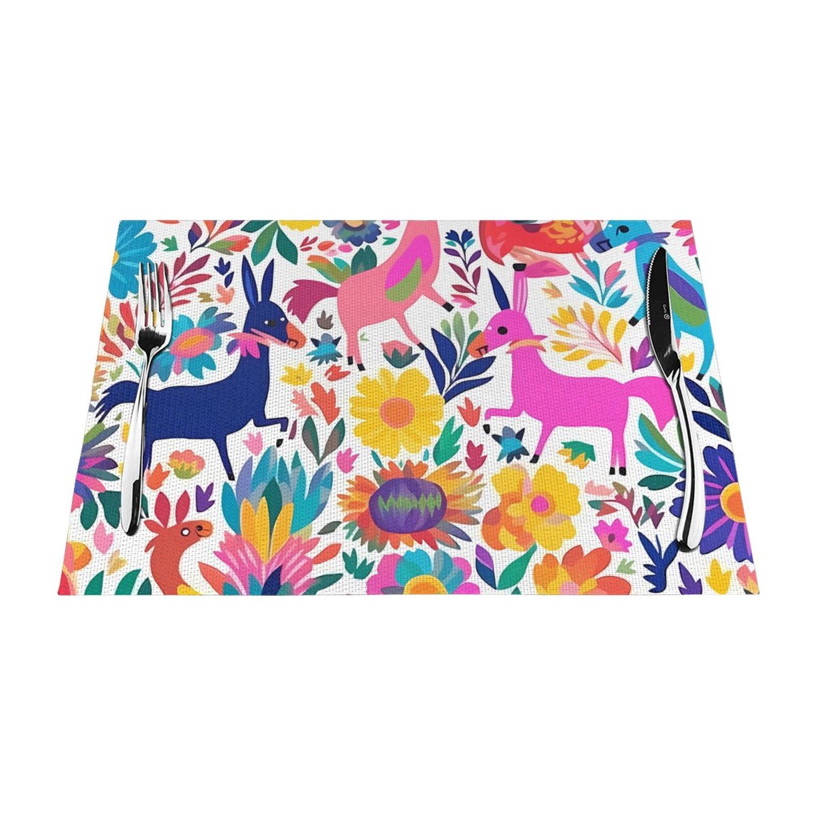 Mexican Otomi Animals Placemats Set of 1 - Woven Vinyl Kitchen Table Placemats - Heat Resistant Non-Slip Place Mats for Dining Table, Washable Indoor Outdoor Table Mats 12x18 Inch