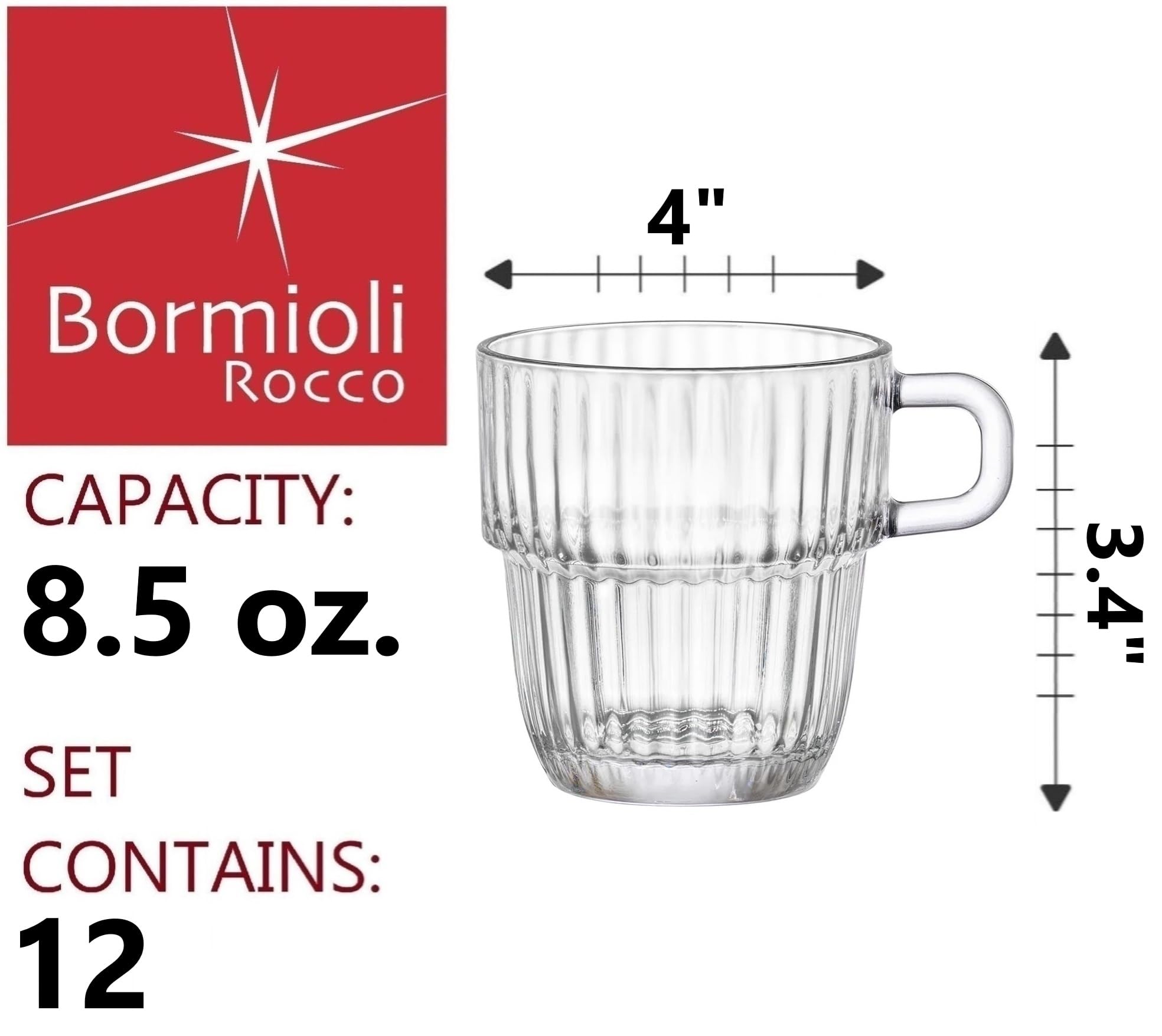 Bormioli Rocco Barshine - Juego de 12 tazas de té o café apilables de 8.5 onzas, transparentes