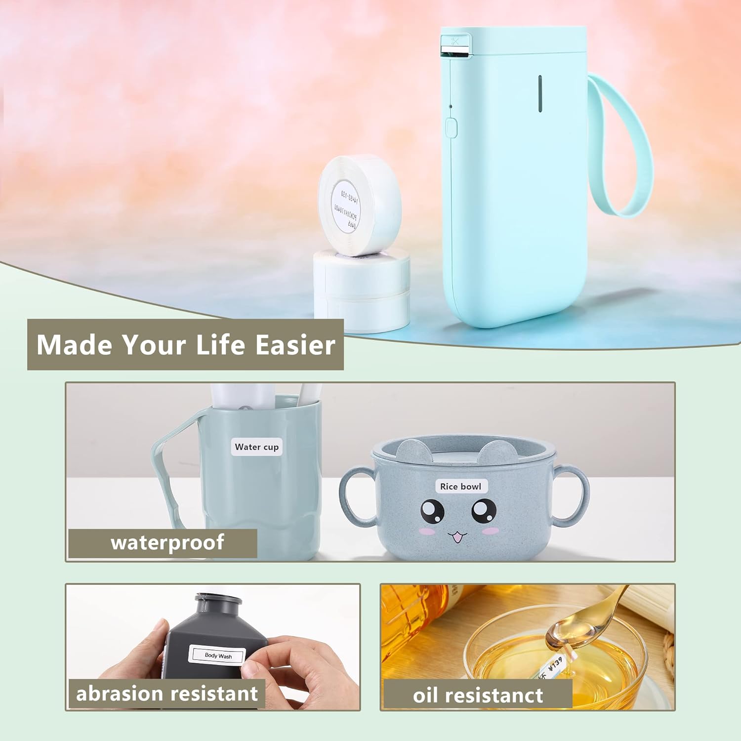 NIIMBOT D11 Label Maker showing waterproof, abrasion resistant, oil resistant labels